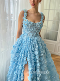 Blue 3D Flower Long Prom Dress Straps Evening Dress With Slit EWR313|Selinadress
