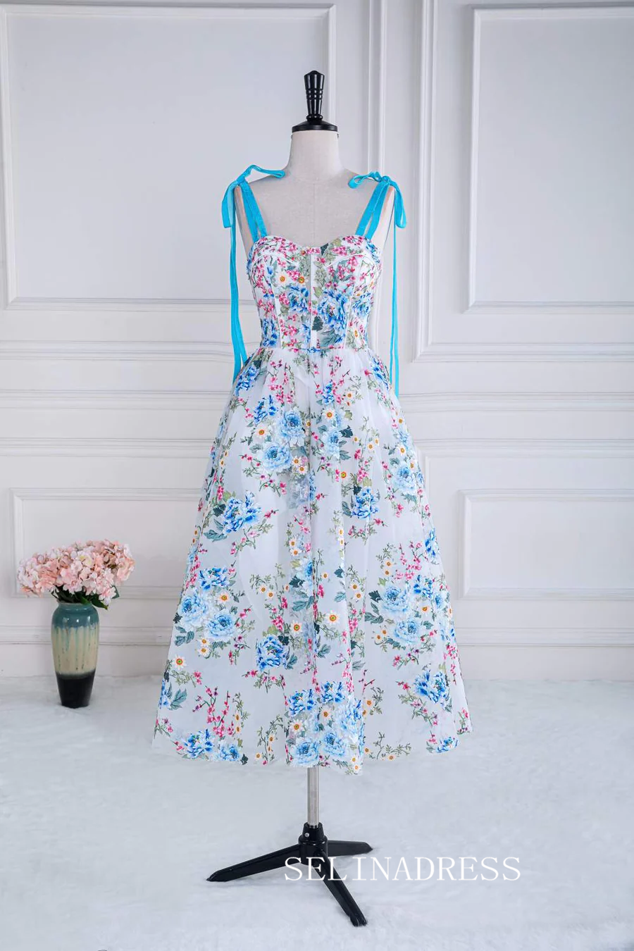 Blue and White Bow Tie Straps Floral Tea-Length Prom Dress lps023