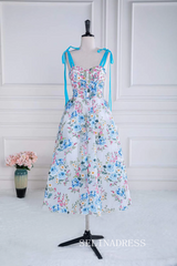 Blue and White Bow Tie Straps Floral Tea-Length Prom Dress lps023