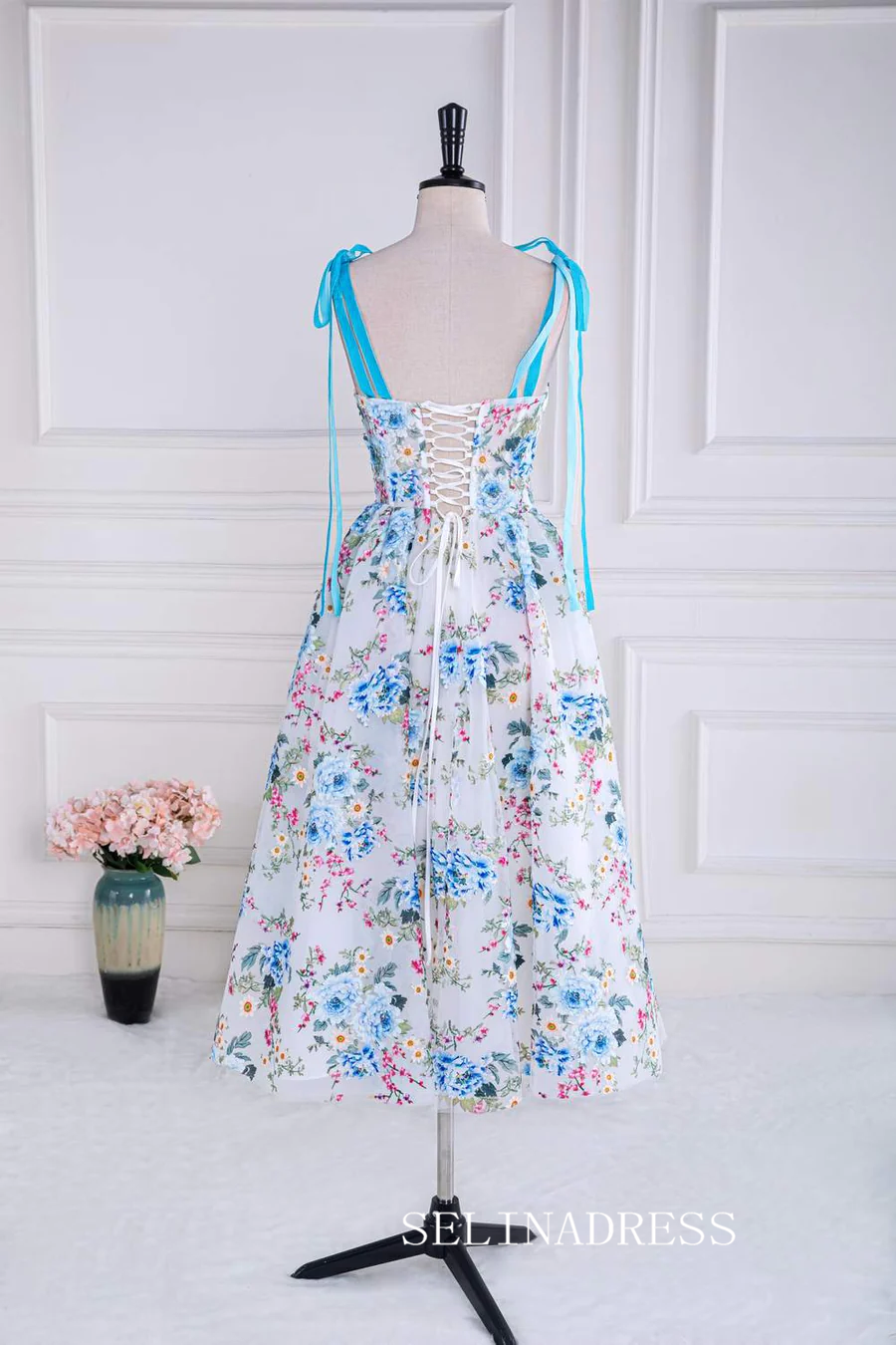 Blue and White Bow Tie Straps Floral Tea-Length Prom Dress lps023