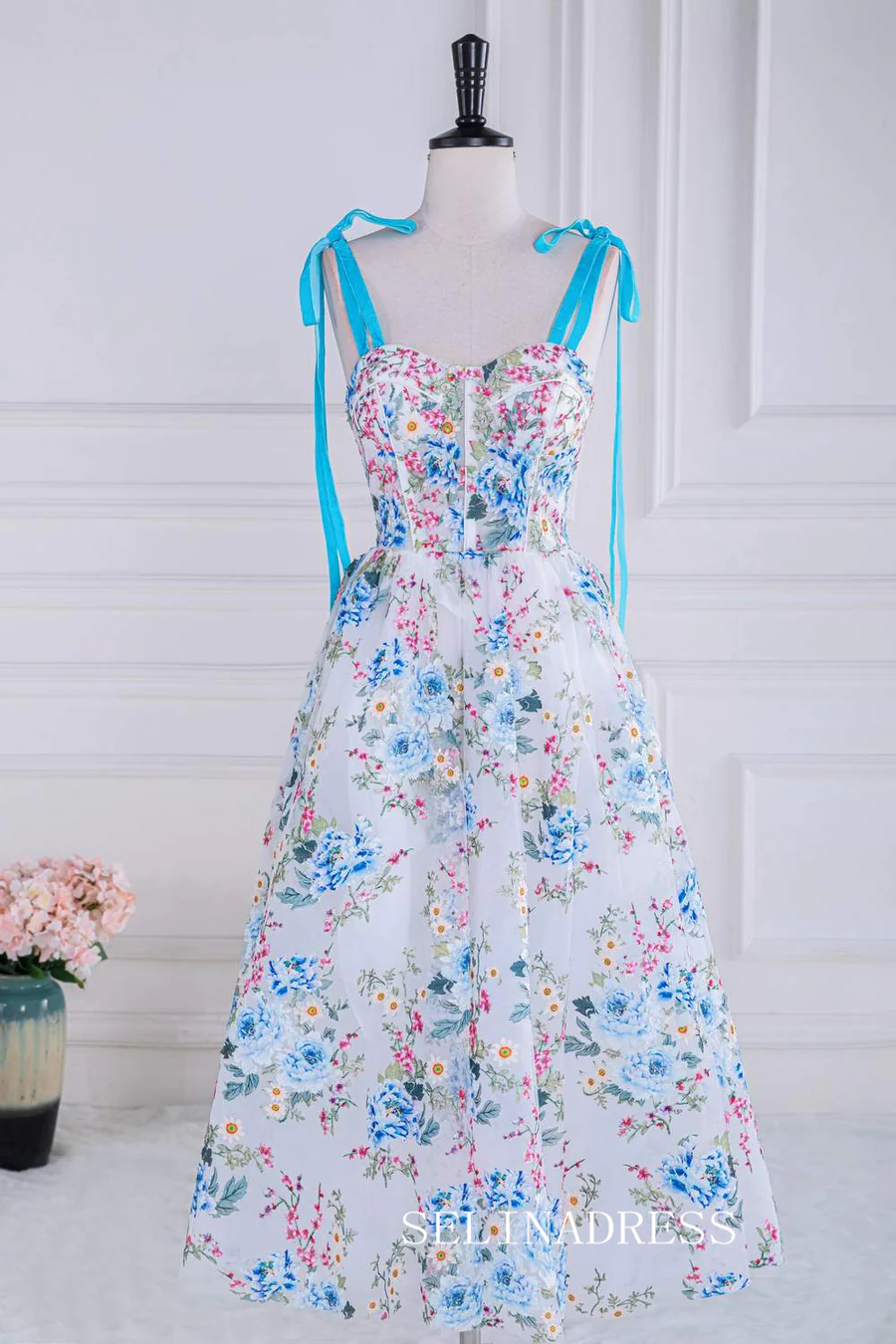 Blue and White Bow Tie Straps Floral Tea-Length Prom Dress lps023