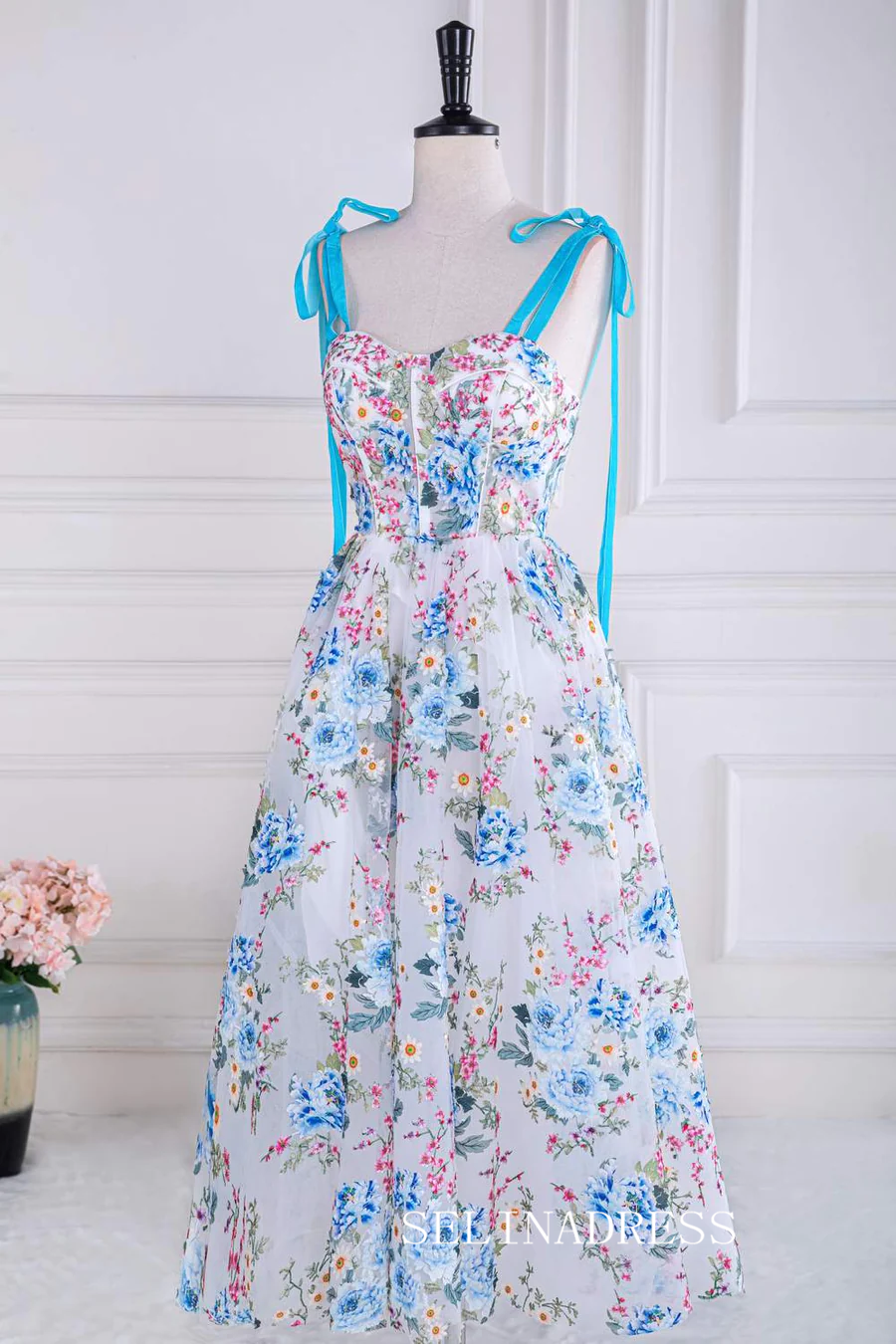 Blue and White Bow Tie Straps Floral Tea-Length Prom Dress lps023