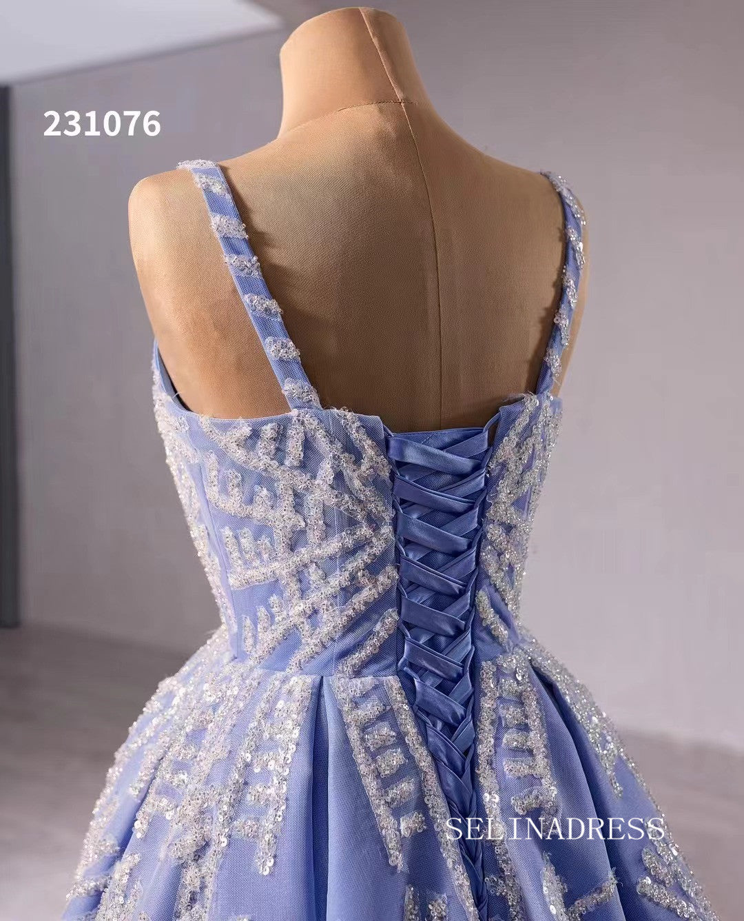 Blue Beaded Wedding Dress Removable Sleeves Quinceanera Dress 231076|Selinadress