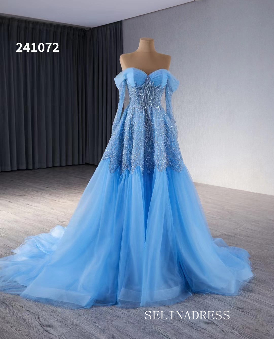 Blue Luxury Beaded Long Formal Dresses Long Sleeve Evening Dress 241072|Selinadress