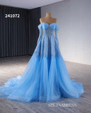 Blue Luxury Beaded Long Formal Dresses Long Sleeve Evening Dress 241072|Selinadress