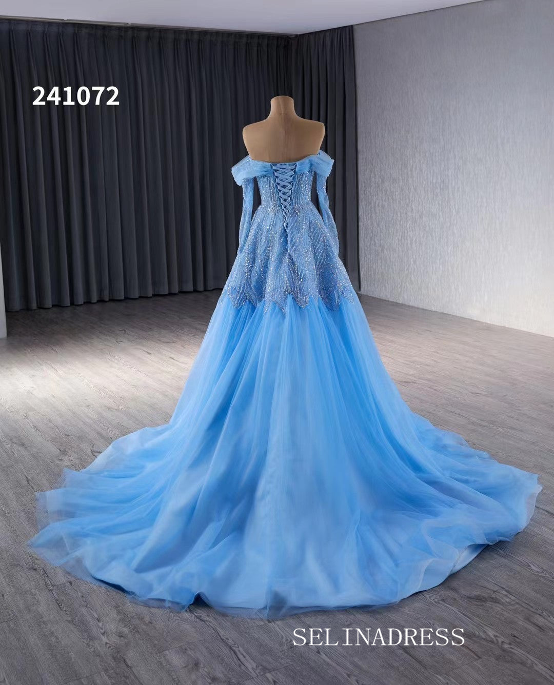 Blue Luxury Beaded Long Formal Dresses Long Sleeve Evening Dress 241072|Selinadress