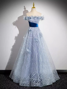 Blue Off-the-shoulder Sparkly Tulle Long Prom Dress Beautiful Flower Princess Dresses TKL2156|Selinadress