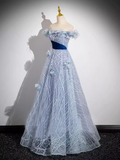 Blue Off-the-shoulder Sparkly Tulle Long Prom Dress Beautiful Flower Princess Dresses TKL2156|Selinadress