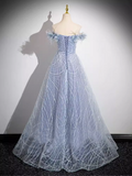 Blue Off-the-shoulder Sparkly Tulle Long Prom Dress Beautiful Flower Princess Dresses TKL2156|Selinadress