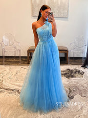 Blue One Shoulder Lace Tulle Long Prom Dress Cheap Evening Gown SEW1259|Selinadress