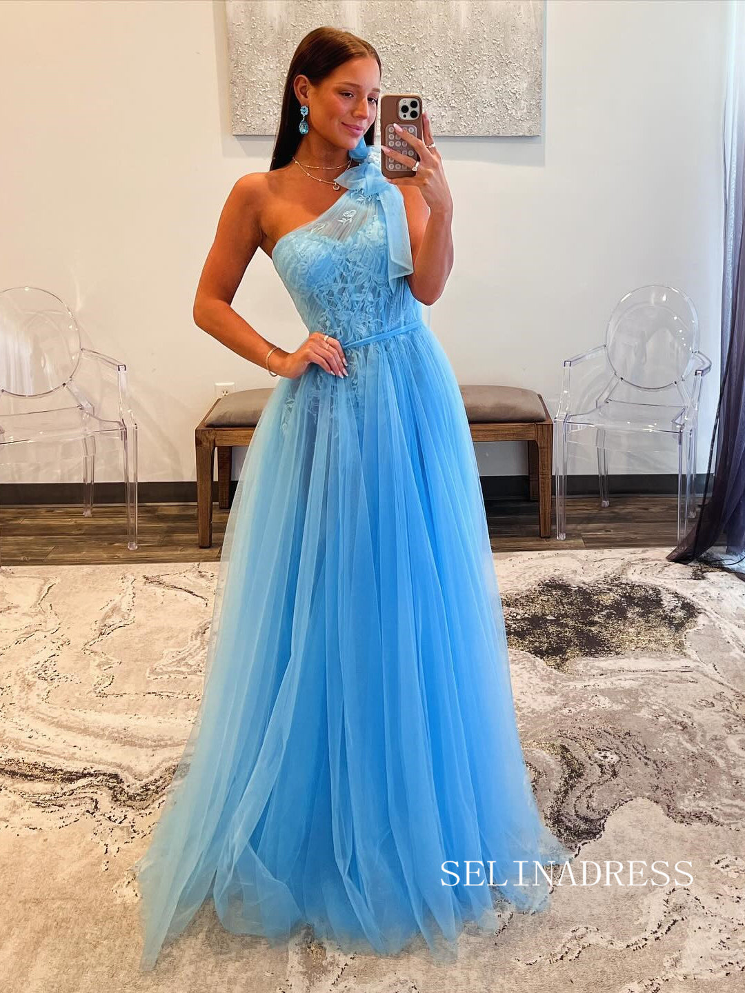 Blue One Shoulder Lace Tulle Long Prom Dress Cheap Evening Gown SEW1259|Selinadress