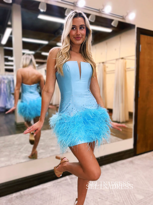 Blue Short Prom Dress Sheath/Column Feather Homecoming Dress EWR460|Selinadress