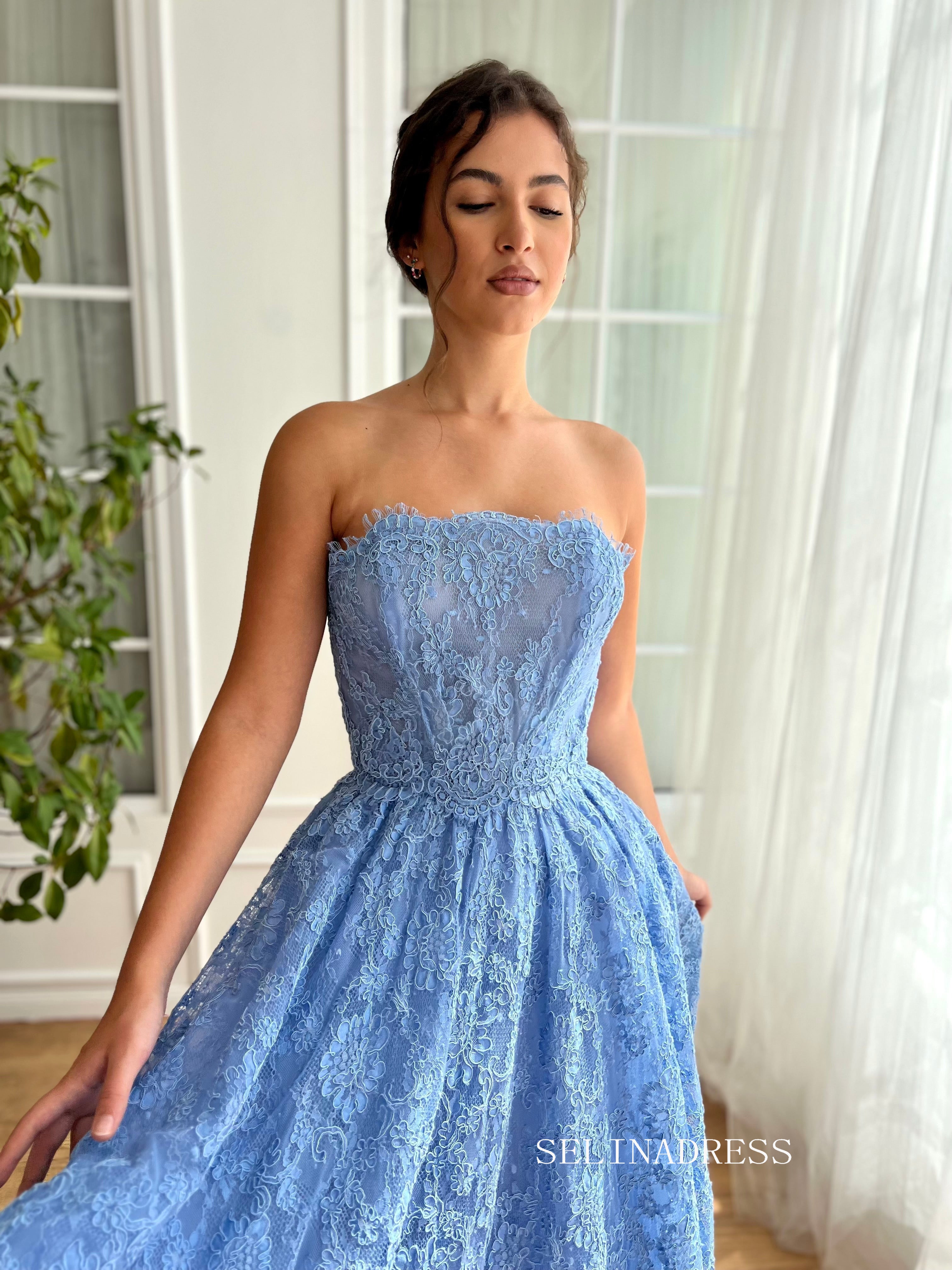 Blue Strapless Lace Midi Prom Dress A line Short Party Dress JKL3125|Selinadress