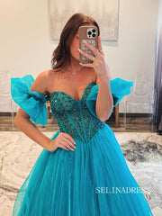 Blue Sweetheart Beaded Organza Long Prom Dress Detachable Sleeves Formal Gown SEW1258|Selinadress