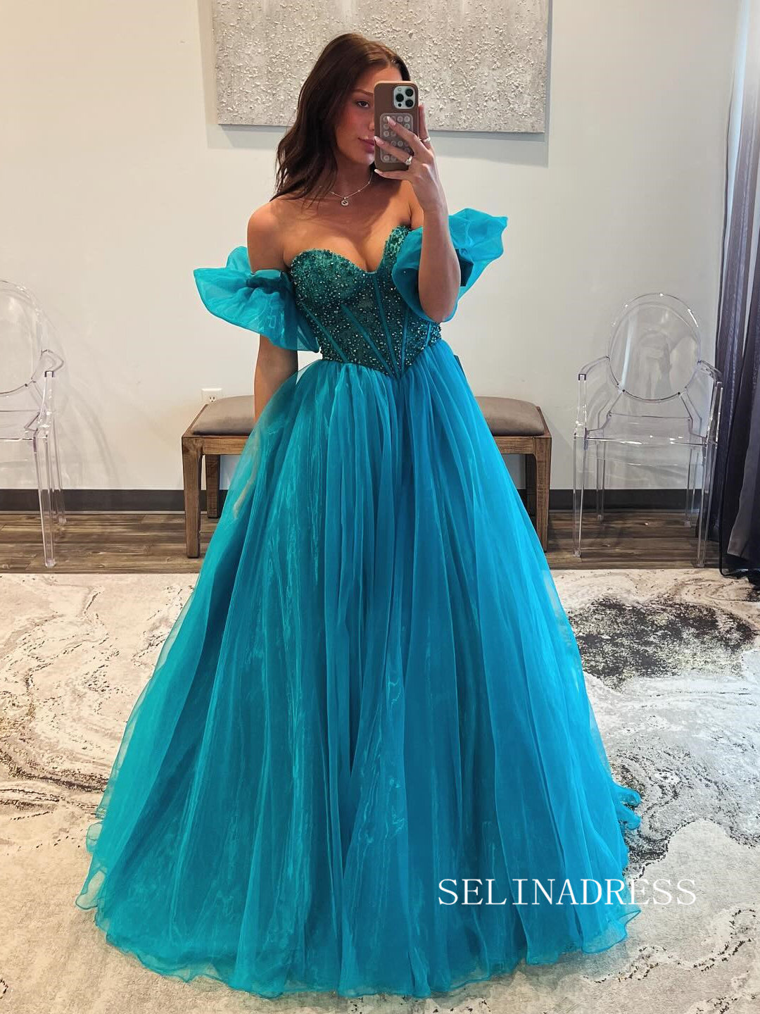 Blue Sweetheart Beaded Organza Long Prom Dress Detachable Sleeves Formal Gown SEW1258|Selinadress