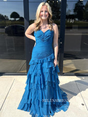 Blue Sweetheart Mermaid Long Prom Dress with Ruffles SER802|Selinadress