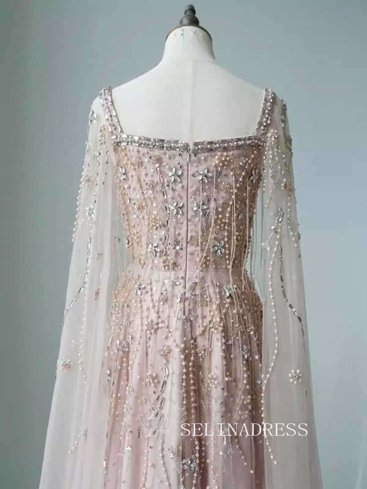 Blush Pink Luxury Beaded Evening Dresses Evening Dress with Cape Sleeves ALI005