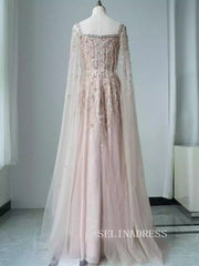 Blush Pink Luxury Beaded Evening Dresses Evening Dress with Cape Sleeves ALI005