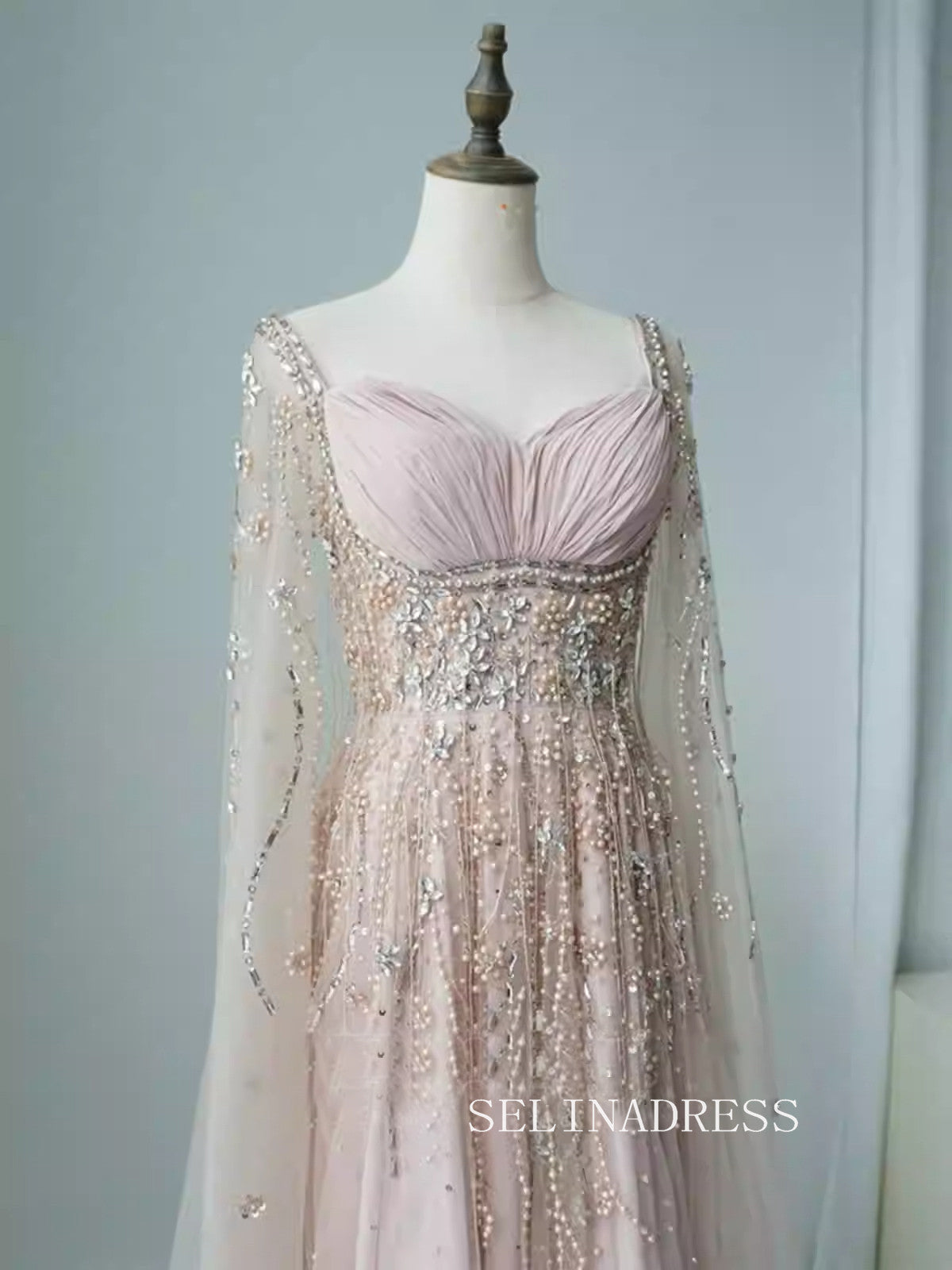 Blush Pink Luxury Beaded Evening Dresses Evening Dress with Cape Sleeves ALI005