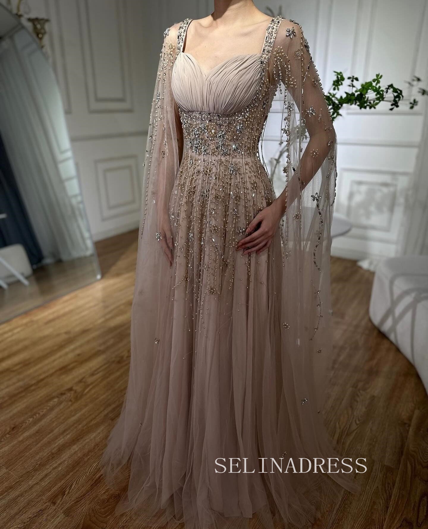 Blush Pink Luxury Beaded Evening Dresses Evening Dress with Cape Sleeves ALI005