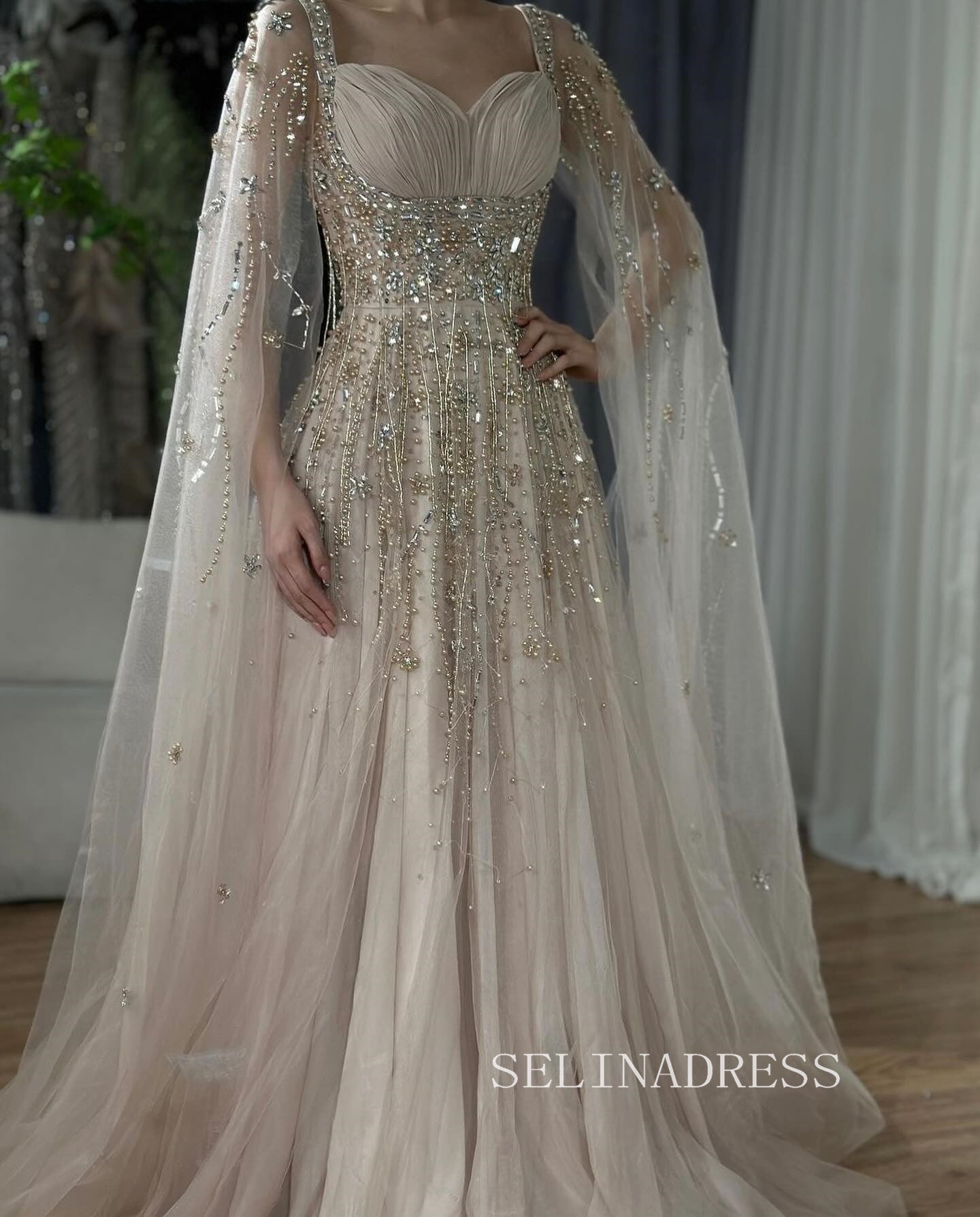 Blush Pink Luxury Beaded Evening Dresses Evening Dress with Cape Sleeves ALI005