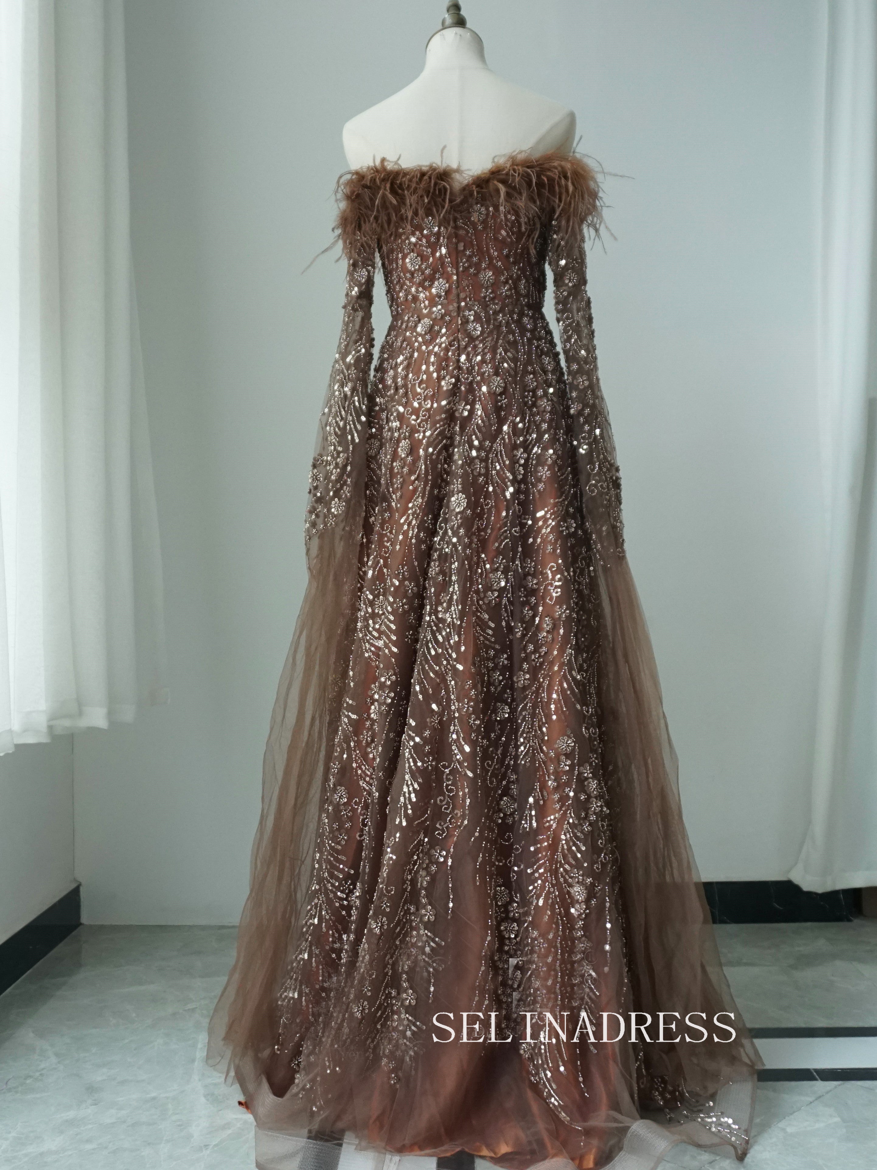 Brown Feathers Beaded Evening Dresses With Cape Sleeves A-Line Gown For Women's Wedding Party ALI0018|Selinadress