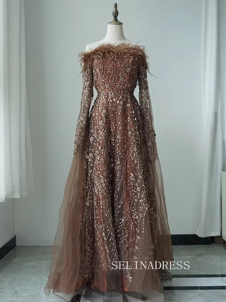 Brown Feathers Beaded Evening Dresses With Cape Sleeves A-Line Gown For Women's Wedding Party ALI0018|Selinadress