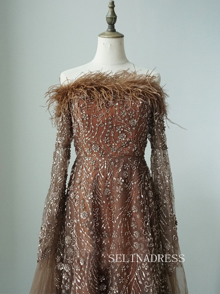 Brown Feathers Beaded Evening Dresses With Cape Sleeves A-Line Gown For Women's Wedding Party ALI0018|Selinadress