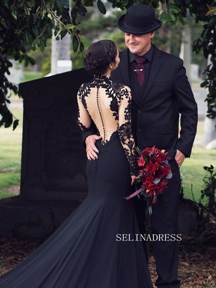 Cap Long Sleeve Black Wedding Dress With Appliaue Lace Memaid Evening Gowns GRSD005-B|Selinadress