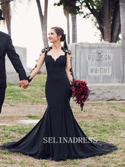 Cap Long Sleeve Black Wedding Dress With Appliaue Lace Memaid Evening Gowns GRSD005-B