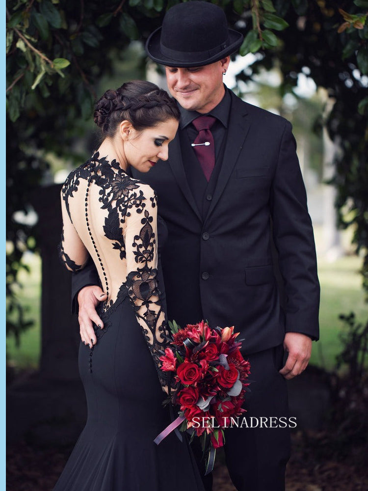 Cap Long Sleeve Black Wedding Dress With Appliaue Lace Memaid Evening Gowns GRSD005-B|Selinadress