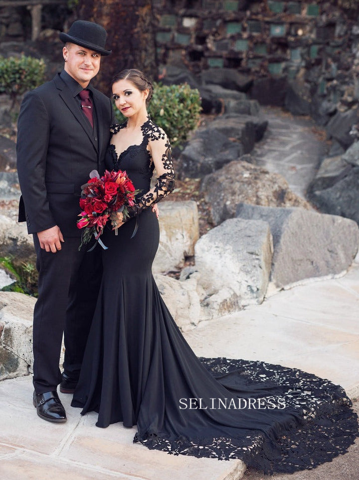 Cap Long Sleeve Black Wedding Dress With Appliaue Lace Memaid Evening Gowns GRSD005-B