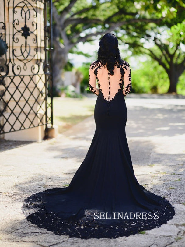 Cap Long Sleeve Black Wedding Dress With Appliaue Lace Memaid Evening Gowns GRSD005-B