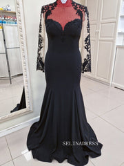 Cap Long Sleeve Black Wedding Dress With Appliaue Lace Memaid Evening Gowns GRSD005-B