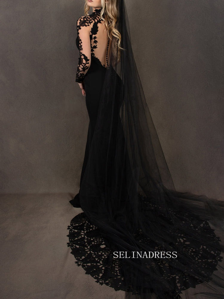 Cap Long Sleeve Black Wedding Dress With Appliaue Lace Memaid Evening Gowns GRSD005-B|Selinadress