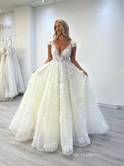 Cap Sleeve V neck Lace Ball Gown Wedding Dresses SEK002|Selinadress