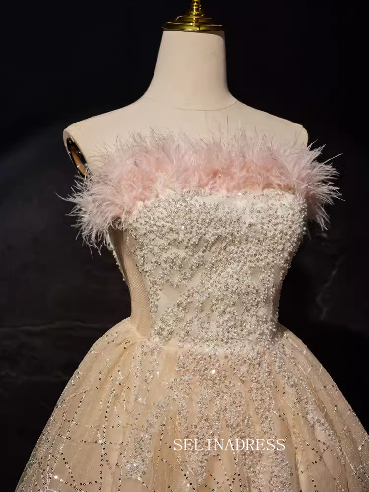 Champagne Beaded Homecoming Dresses Strapless Feather Party Dress #SEW1269|Selinadress