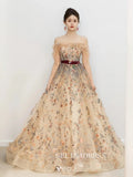 Champagne Off-The-Shoulder Floral Long Sleeve Prom Dress Flower Formal Dresses TKL2107|Selinadress