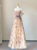 Champagne Off-The-Shoulder Floral Long Sleeve Prom Dress Flower Formal Dresses TKL2107|Selinadress