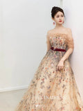 Champagne Off-The-Shoulder Floral Long Sleeve Prom Dress Flower Formal Dresses TKL2107|Selinadress