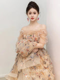 Champagne Off-The-Shoulder Floral Long Sleeve Prom Dress Flower Formal Dresses TKL2107|Selinadress