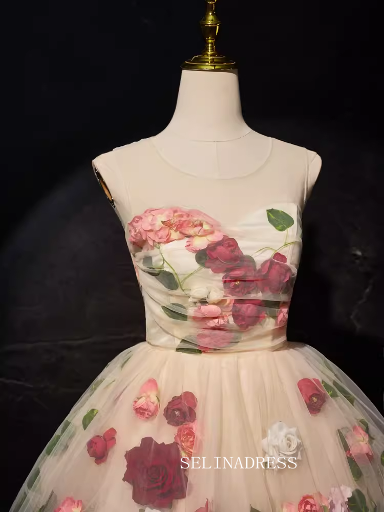 Champagne Tulle Flower Homecoming Dress Short Rosette Dress #SEW126|Selinadress