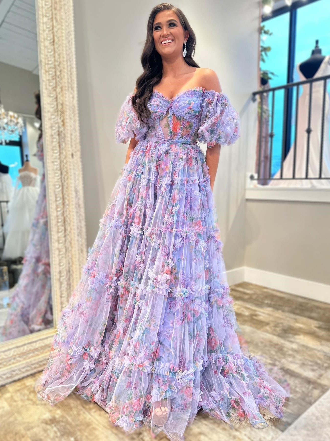 Charming Floral Long Prom Dresses Lavender Evening Gowns sea020|Selinadress