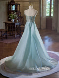 Charming Sky Blue Satin Prom Dresses Strapless Sleeveless Princess Dress Sweep Train Prom Formal Dresses TKL1903|Selinadress