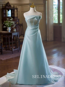 Charming Sky Blue Satin Prom Dresses Strapless Sleeveless Princess Dress Sweep Train Prom Formal Dresses TKL1903|Selinadress