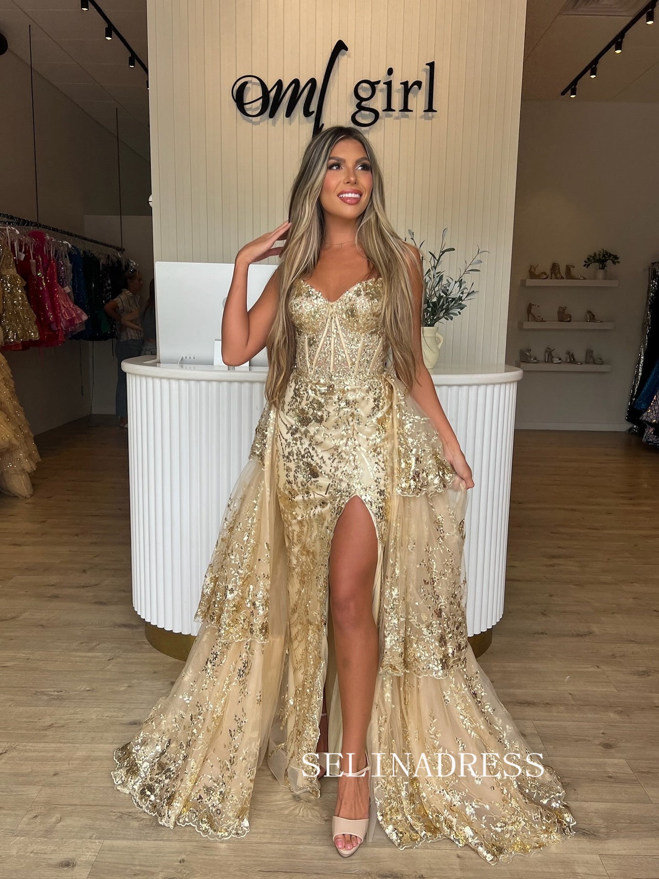 Charming Sweetheart Mermaid Gold Sequins Lace Prom Dresses with Slit SER608|Selinadress