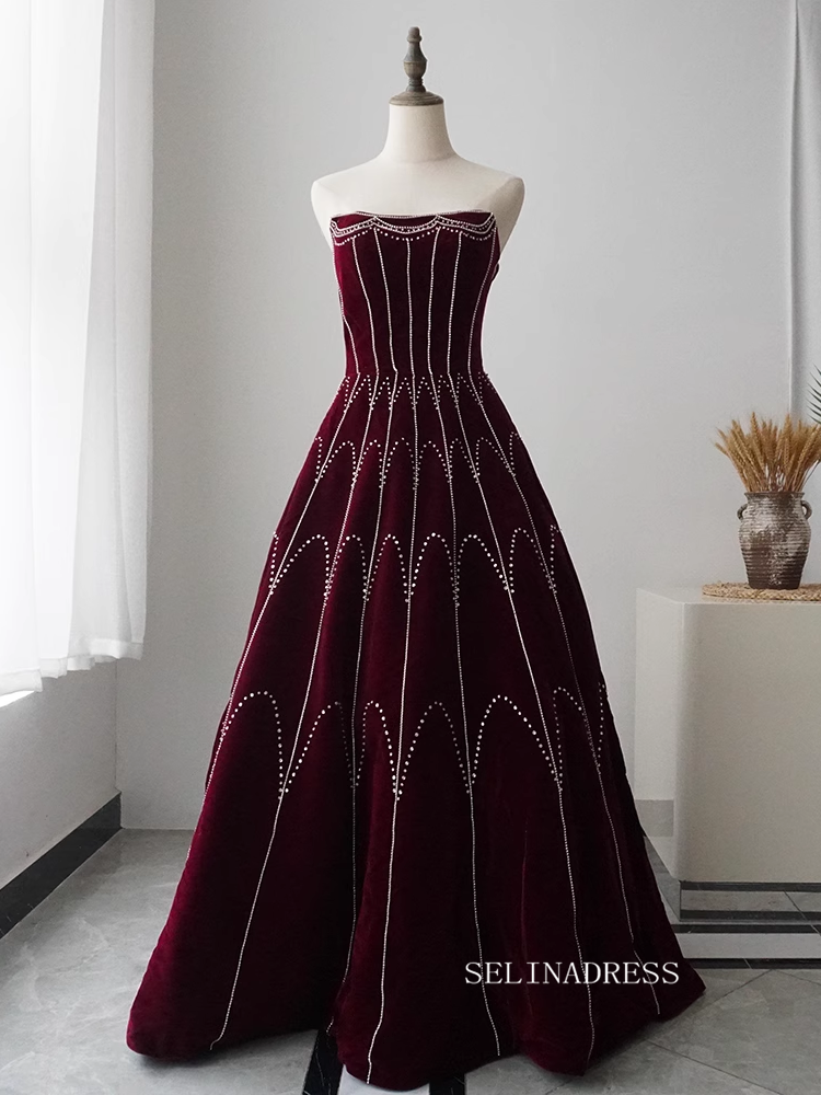 Chic A-line Detachable Straps Burgundy Beaded Long Prom Dress Elegant Evening Dress #KOP004|Selinadress