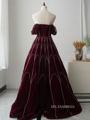 Chic A-line Detachable Straps Burgundy Beaded Long Prom Dress Elegant Evening Dress #KOP004|Selinadress