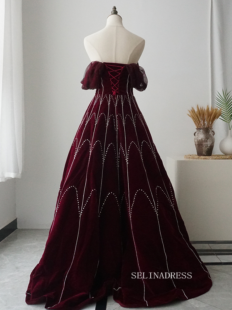 Chic A-line Detachable Straps Burgundy Beaded Long Prom Dress Elegant Evening Dress #KOP004|Selinadress