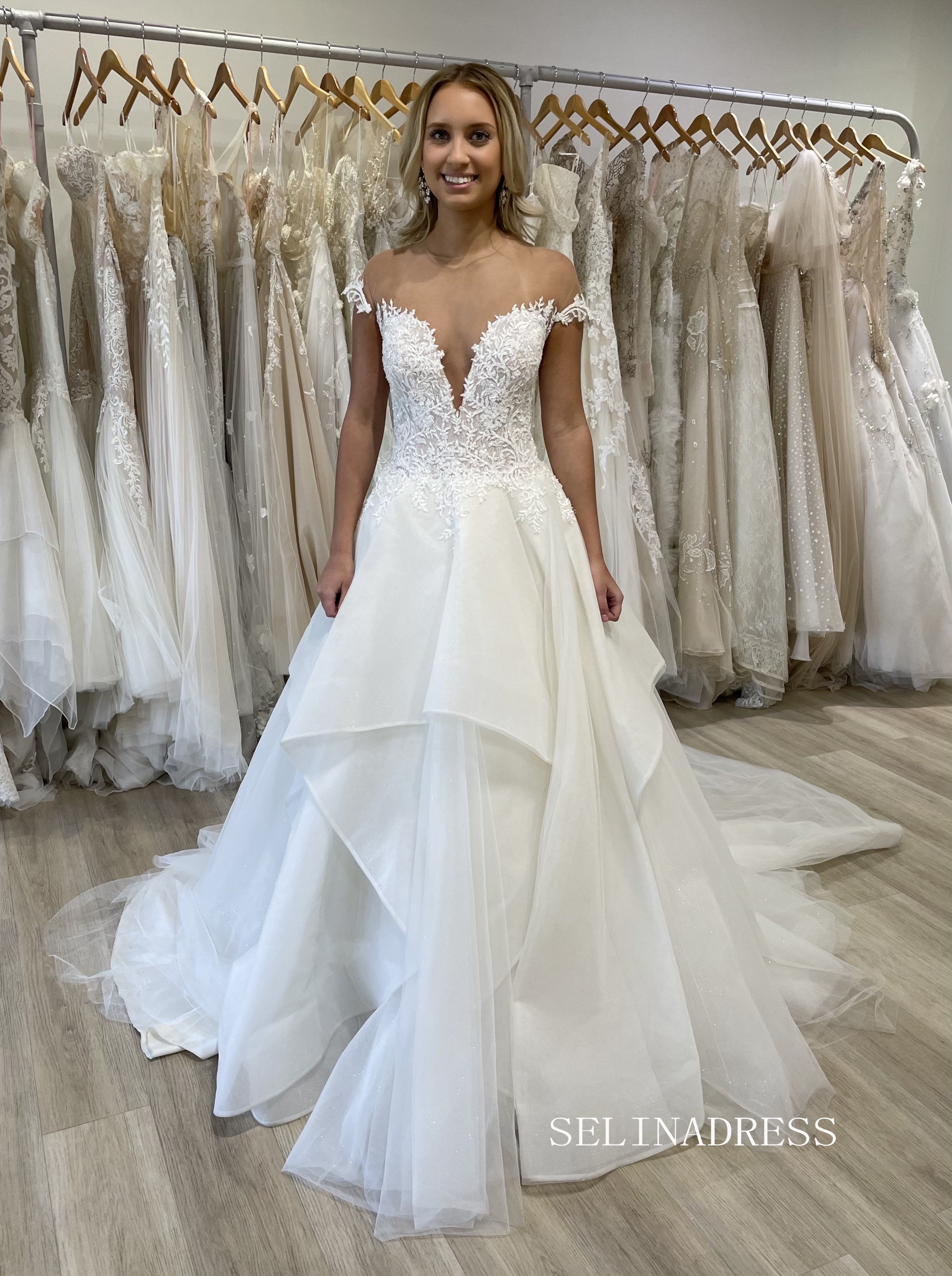 Chic A-line Off The Shoulder Tiered Rustic Lace Wedding Dresses SER621|Selinadress